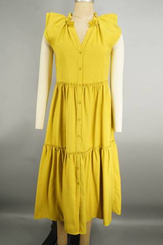Graceful Skirts Button Yellow One piece Dress