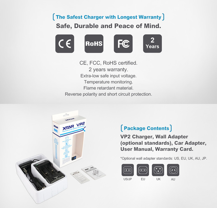 XTAR VP2 USB charger with USB cable