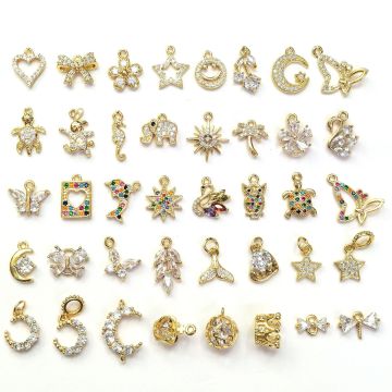 Brass Moon Micro Pave Zircon Gold Charm Bracelet with Owl, Turtle, Dolphin, and Heart Pendants