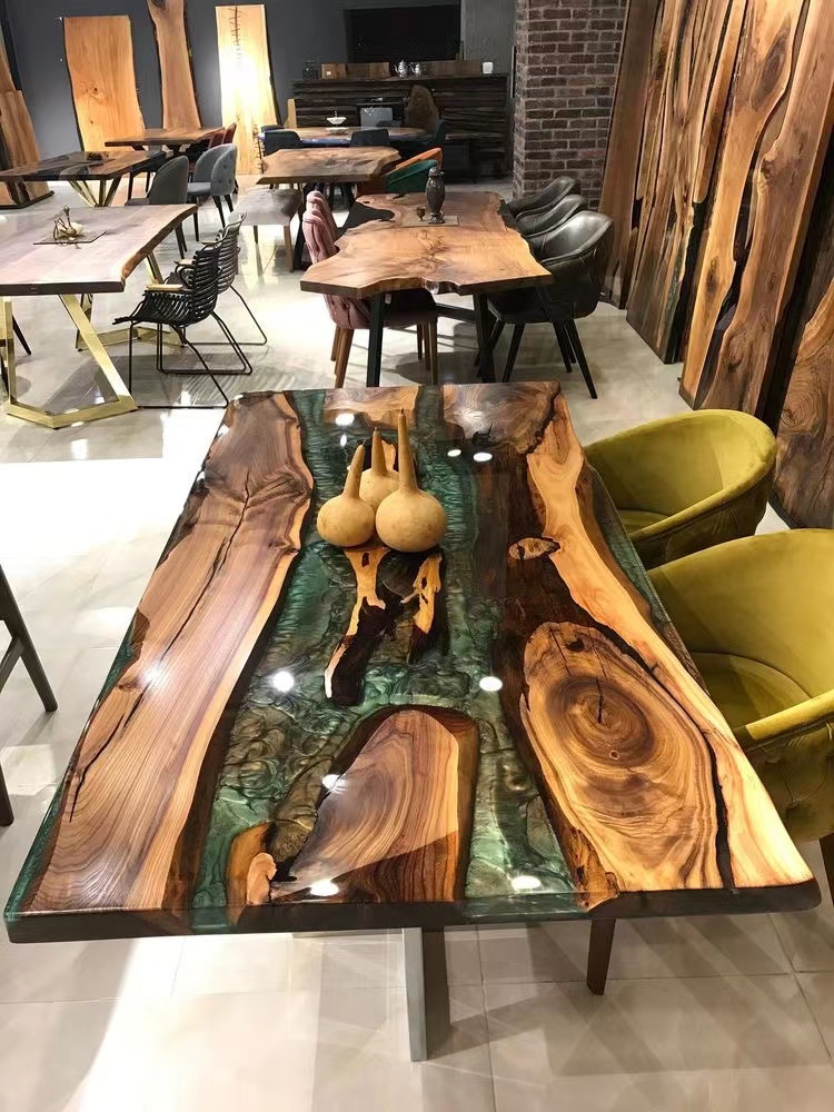 Home Furniture Direct Solid Walnut Wood Restaurant Kitchen River Dining Table Epoxy Resin Slab