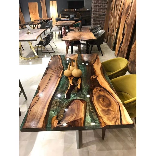 China Home Furniture Direct Solid Walnut Wood Restaurant Kitchen River Dining Table Epoxy Resin Slab Factory