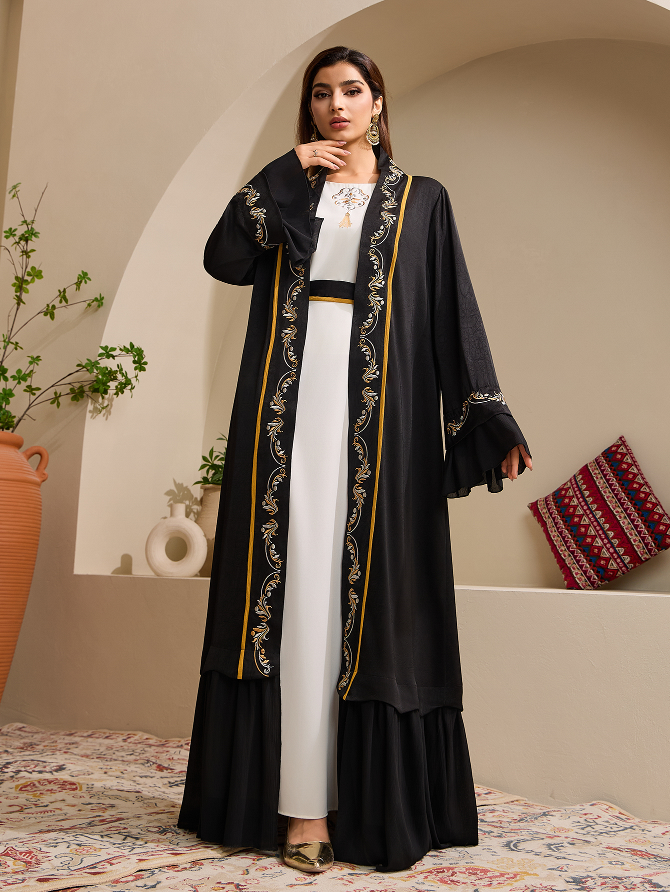 Embroidered Mesh Open Abaya with Belt Feature Detail