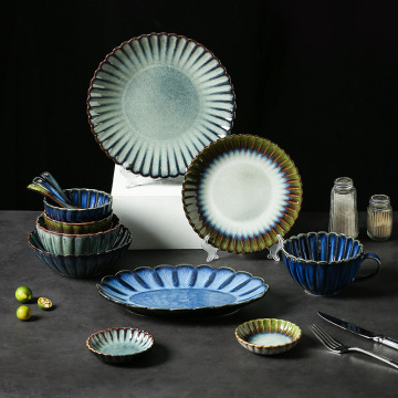 Japanese Style Kiln Retro Blue Porcelain Tableware Dinner Set Plate - Wholesale