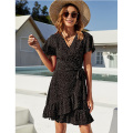 Women's Summer Wrap V Neck Print Ruffle Dress