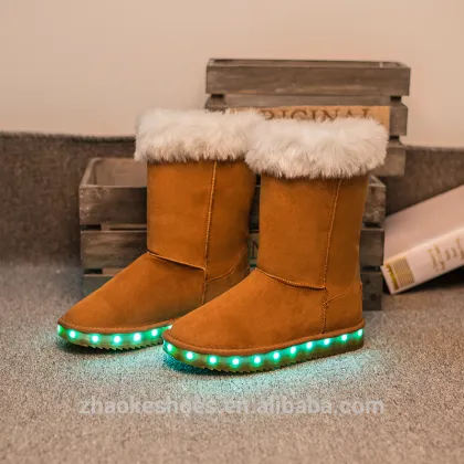 Factory LED Light Up Boots With Fur For Women Children Fashion Winter Snow Boots Suede Shoes L