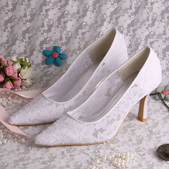 Pointed Bride Shoes White Lace 9CM Heel