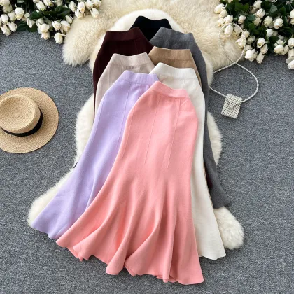 LW0250 High Waist Knitted Skirt Women's Winter 2024 Elastic Lotus Fishtail Skirt
