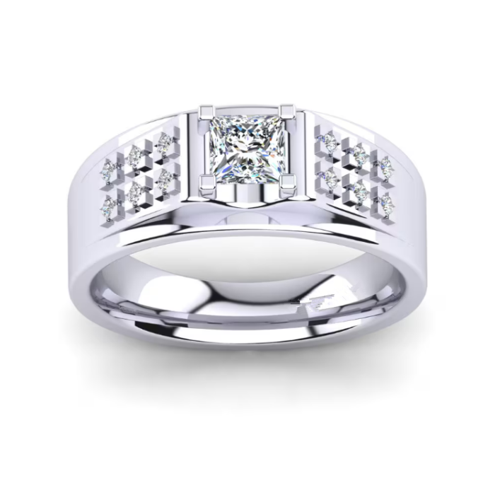 Vista frontal del anillo de diamantes de laboratorio cuadrado para hombre con rejilla de hombro simétrica