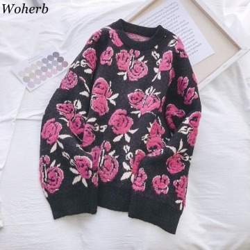 Woherb Vintage Pullovers Autumn Winter Clothing Floral O-neck Women Sweater Jumper Femme Roupas Loose Outwear Tops Coat 4e401