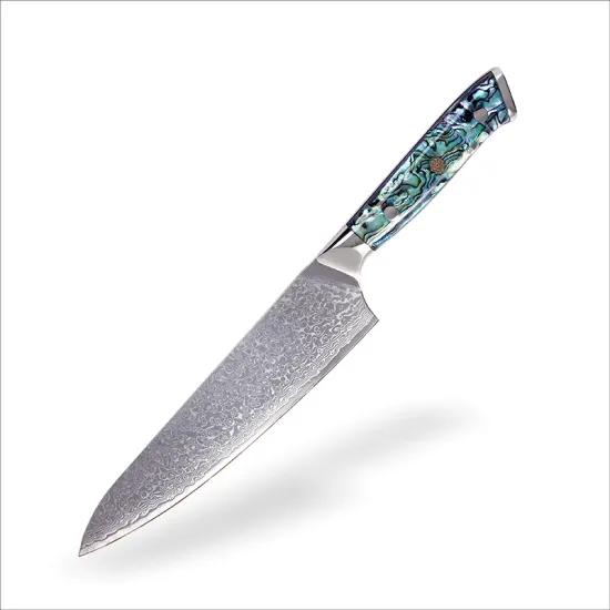 8 Inch Damascus Steel Knife with 67 Layers, Hand-Hammered Surface, Abalone Shell Resin Handle - Premium Chef Knife