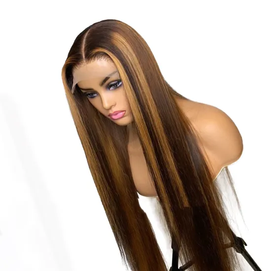 4/27 Honey Brown Highlight Wig 150% Ombre Color Blonde Brazilian Virgin Straight 4x4 Lace Front Human Hair Wig for Black Women