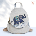 Mochila de lino y algodón con elefante tejido étnico para viajes informales