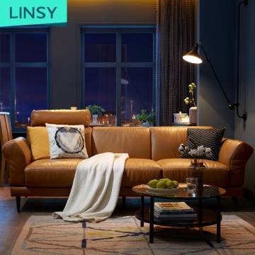Linsy European Italian Real Leather 3-Seater Brown Black Leather Sofa Set