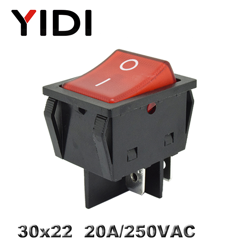 KCD4-201 30x22 30A 250VAC Heavy Duty KCD4 Rocker Switch 20A 250VAC DPST ON OFF latching 12V 220V Red Green Blue LED Illuminated