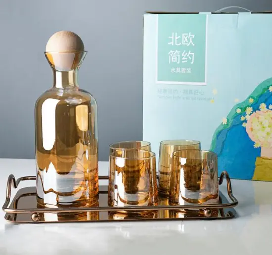 custom hand-blown amber smoky glass wine carafe set