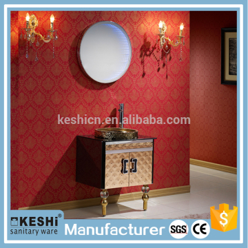 china factory new design golden ceramic basin bathroom cabinet set with unique mirror