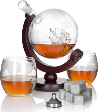 The Wine Savant Globe Whiskey Decanter Set with Glasses, Whiskey Stones, and Pouring Strainer