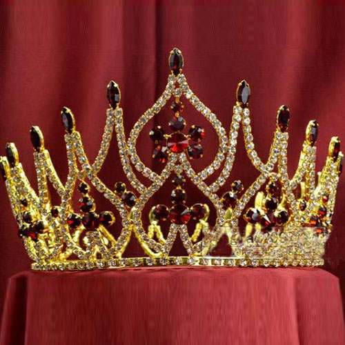 Red Rhinestone Gold Plated Beauty Queen Full Round Crown