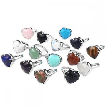 Gemstone Heart Rings Natural Stone Crystal Adjustable Rings for Women Wedding Ring Silver Plated Copper Ring