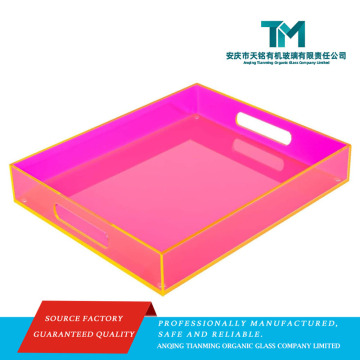 Neon Pink Lucite Coffee Table Tray with Handles
