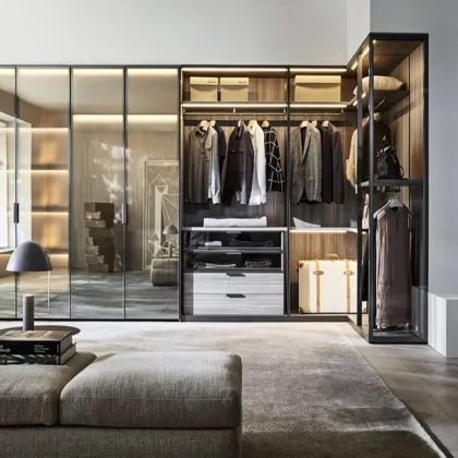 Transparent glass wardrobe in the bedroom