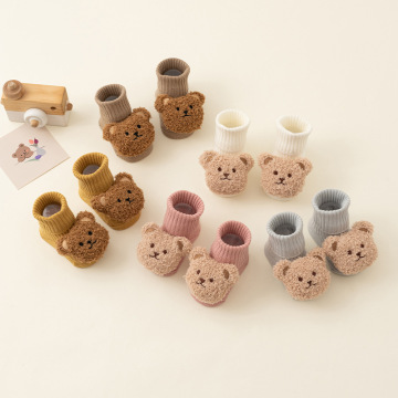 New Spring & Autumn Baby Mid-Height Socks with Cartoon Bear Heads & Non-Slip Bottoms, Made of 100% Combed Cotton