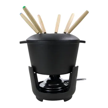 Cooking Essentials: Cast Iron Fondue Pot Sets for Chocolate, Cheese, and Meat with 6 Fondue Forks