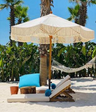 Wooden Outdoor Patio Pool Beach Sun Umbrella with Tassels
