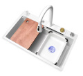 Samtou Nano White Step Kitchen Sink with 304 Stainless Steel Handmade Above Mount Waterfall Faucet - Farmhouse Style