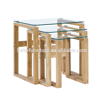 Tempered Glass Top Nest Table,Soild Wood Coffee Table