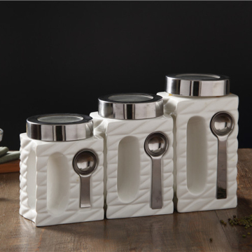 Customizable Porcelain Coffee Spice Canister Set with Lids and Spoons