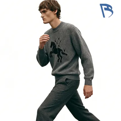 Starry Galloping Horse Flocked Beaded Crewneck Knit Sweater