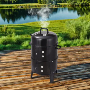 3-in-1 Outdoor Patio Black Smoke Oven round Charcoal BBQ Grills with Braised Grill Feature