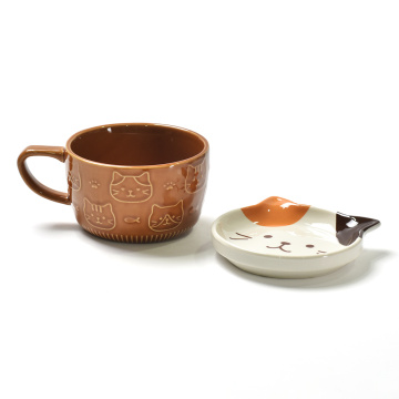 Japanese Style Cat Animal Ceramic Mug With Lid