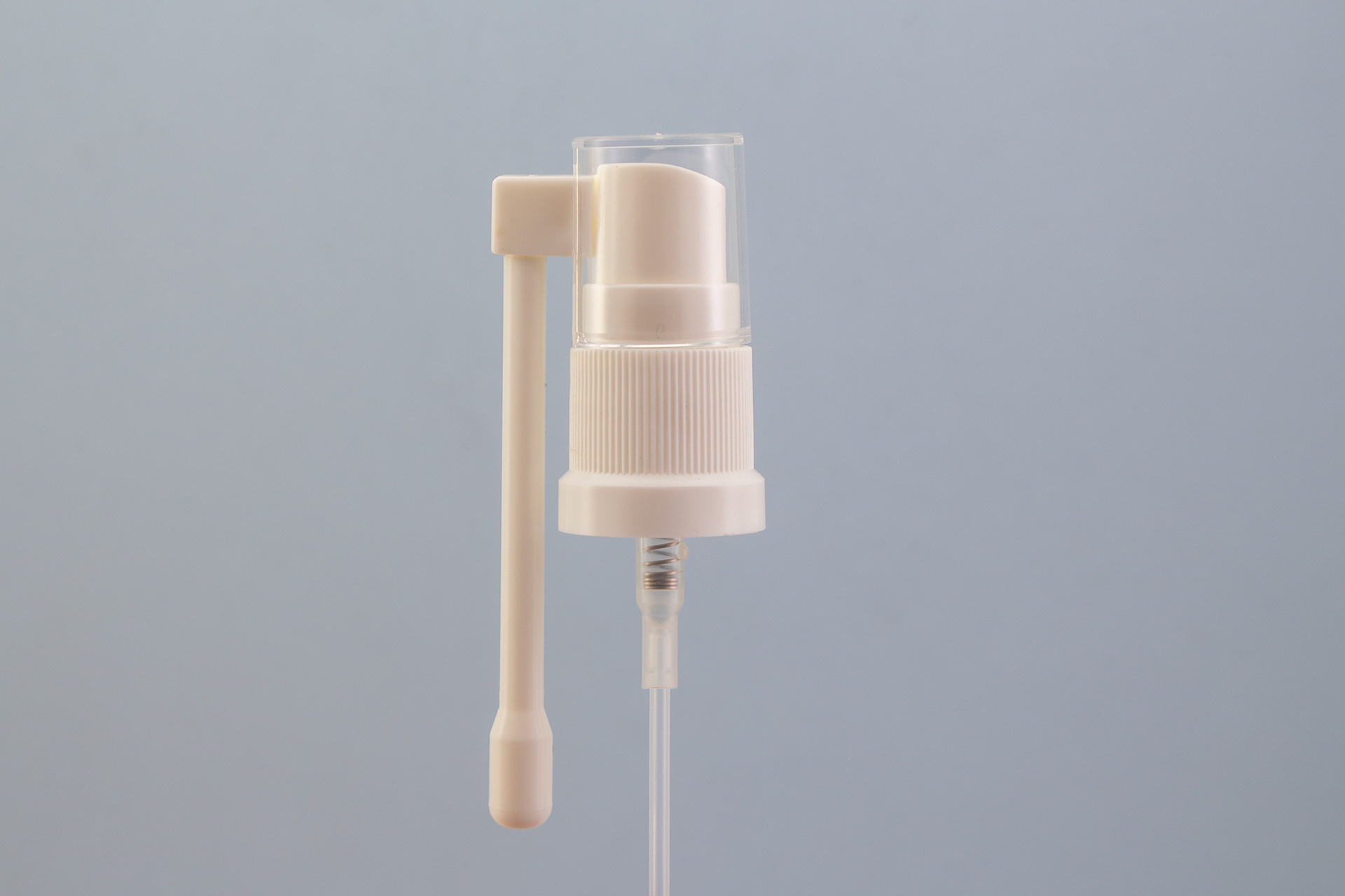 18/415 White Oral Sprayer Pump with Ribbed Skirt and Long Nozzle for Pharmaceutical Packaging
