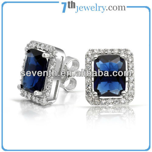 Square Shaped Dark Blue Cubic Sapphire Stone Stud Earrings With CZ Diamond Silver Plated Brass Earrings