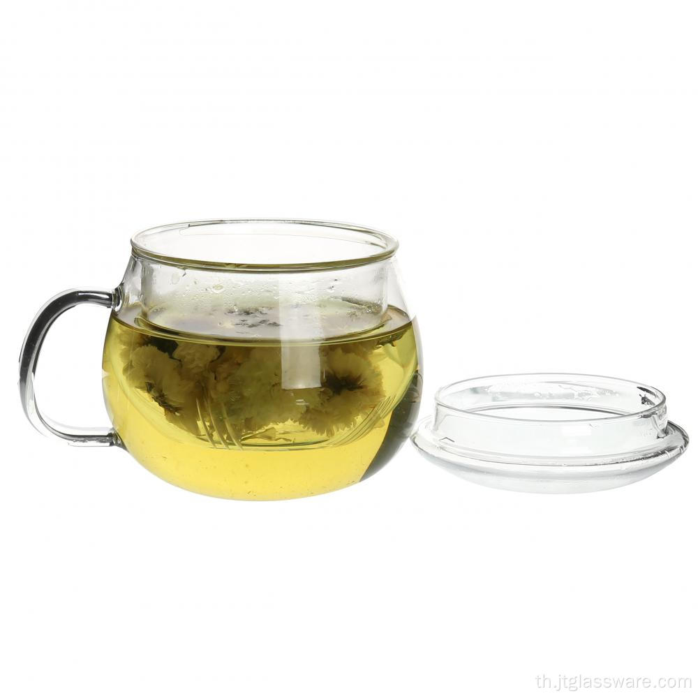 ถ้วยชาแก้วทรงกลมมีหูจับและฝาปิด