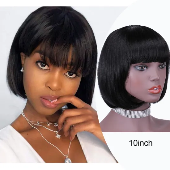 wholesale cheap Short Machine Made Wig bob Wig Natural black Human Hair Wigs Bob with bangs For Women