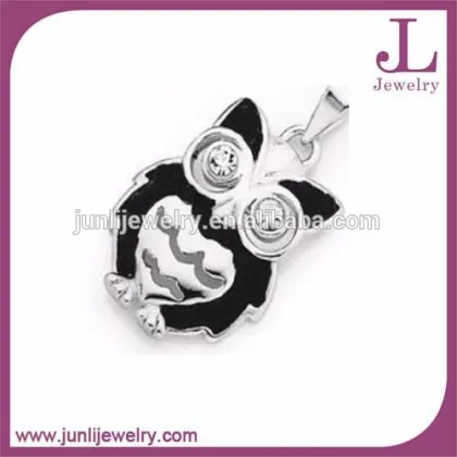White CZ Black Enamel Stainless Steel Fashion Owl Pendant Fancy Owl Necklace