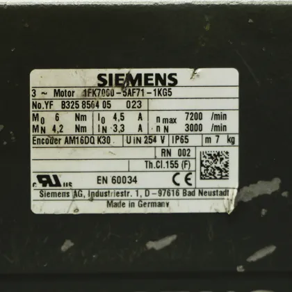 SIEMENS 1FK7063 Synchronous Servo Motor: Specifications and Features