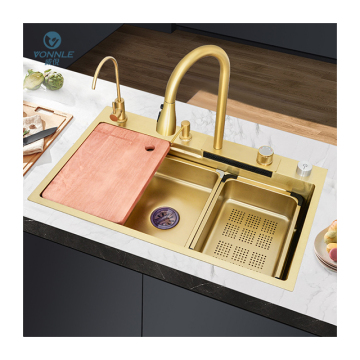 Golden Kitchen Sink: Stainless Steel Single Bowl Rainfall Waterfall Faucet