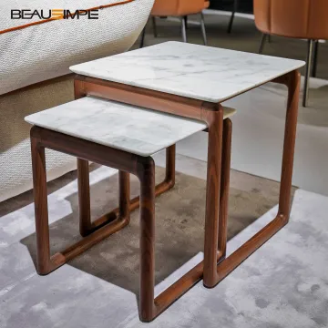 Minimalist Marble Nesting Coffee Table with Solid Walnut Frame