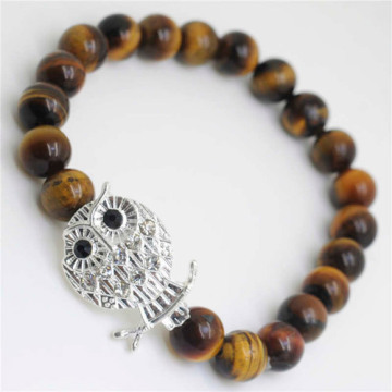 Yellow Tiger eye Gemstone Bracelet with Diamante alloy Owl Piece