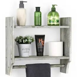 Wooden Bathroom Shelf with Towel Bar