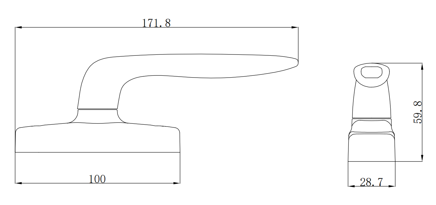 BC348 aluminum window handle technical drawing showing long handle length and mounting dimensions