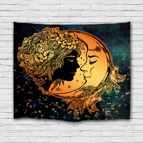 Moon and Sun Tapestry Wall Hanging Bohemian Mandala Indian Hippie Galaxy Yellow Wall Tapestry for Livingroom Bedroom Dorm Home D