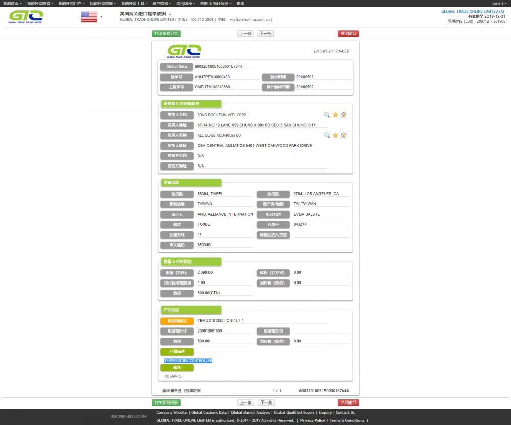 Temperature Controller Customs Data