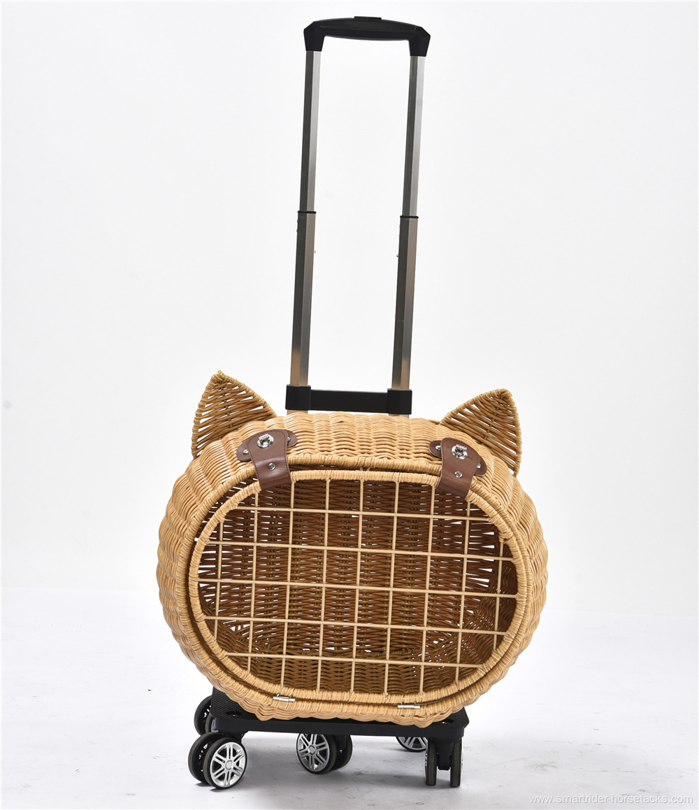 Luxury Dog Pet Travel Carrier Bag Case Rattan Wicker On Wheels Stroller Trolley Cat Travel Carrier Suitcase