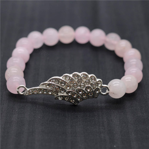 Pulsera de piedras preciosas elásticas de cuarzo rosa de 8 mm de cuarzo rosa con pieza de ala grande de aleación de diamante