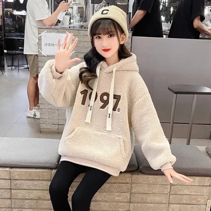 Girls' cashmere hooded sweater winter cashmere thickened coat